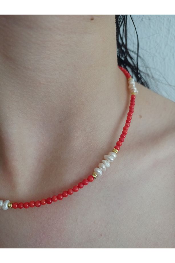 3 mm mercimek mercan , 3 mm rondela rose kum inci tasarım kolye - 3