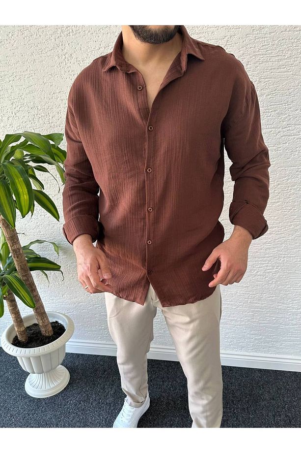 Erkek Oversize Müslin Kumaş %100 Pamuk Uzun Kol Gömlek - 1