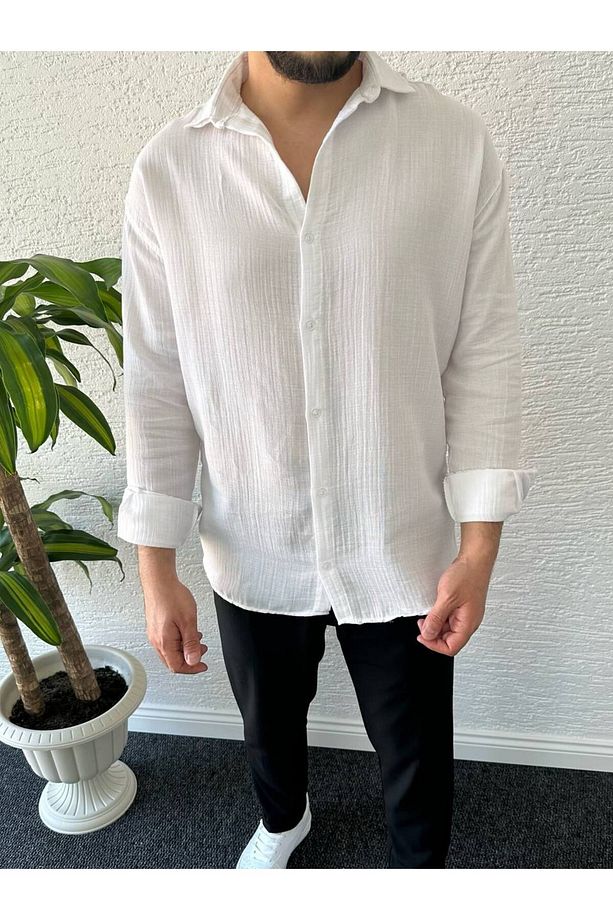 Erkek Oversize Müslin Kumaş %100 Pamuk Uzun Kol Gömlek - 1