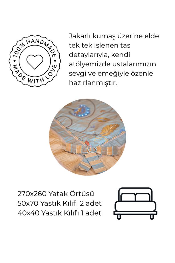 Mavi Taş İşlemeli Çift Kişilik Yatak Örtüsü Takımı 260x270 ve 3 Adet Yastık - 4