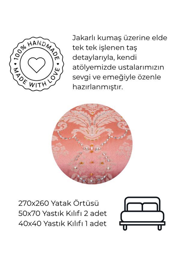 Pembe Taş İşlemeli Çift Kişilik Yatak Örtüsü Takımı 260x270 ve 3 Adet Yastık - 3