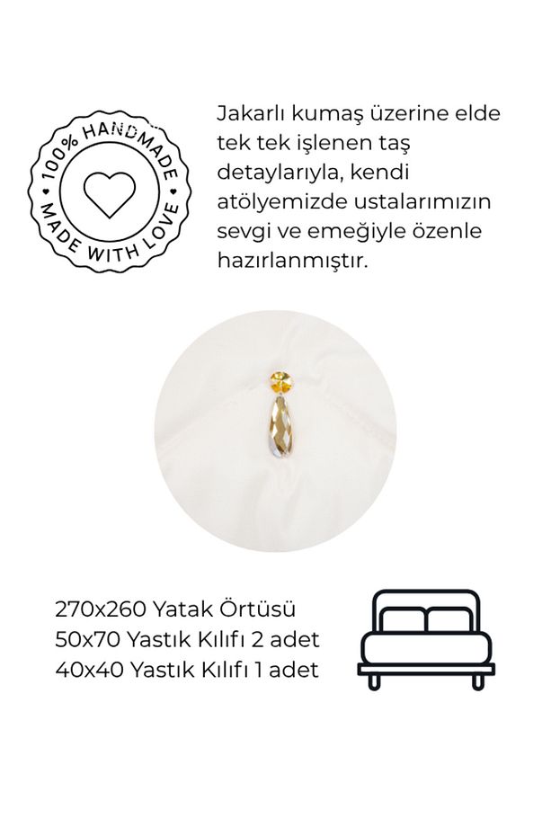 Krem Taş İşlemeli Çift Kişilik Yatak Örtüsü Takımı 260x270 ve 3 Adet Yastık - 4
