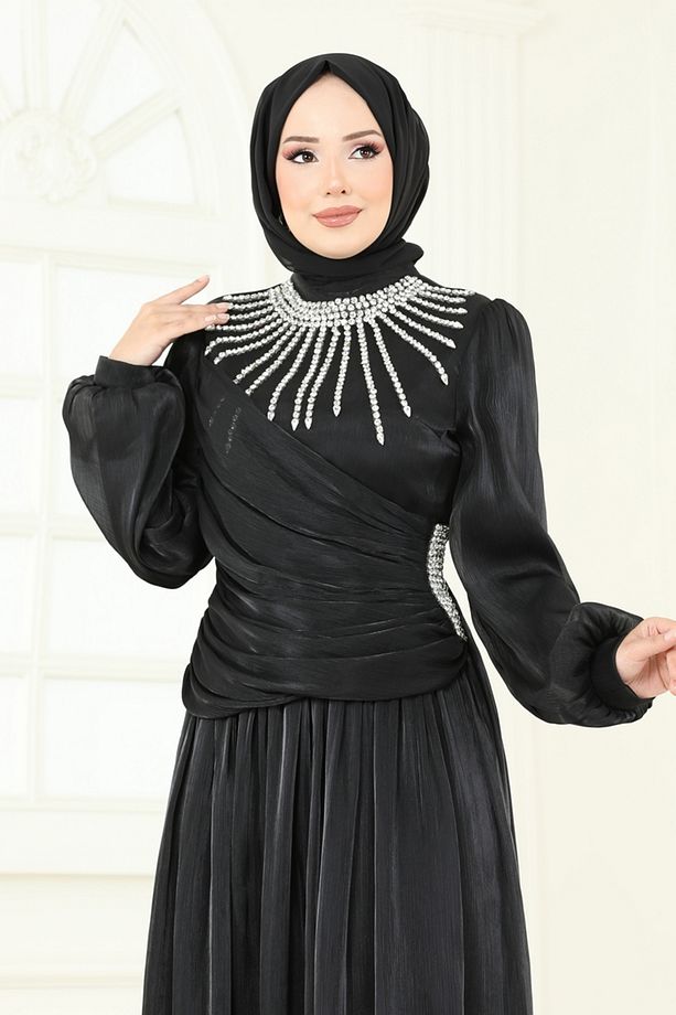 SUAL Önü Taşlı Organze Abiye 6238LPN858 Siyah - 4