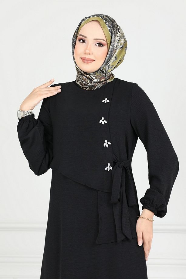 Önü Taşlı Tesettür Elbise 2680SL432 Siyah - 4
