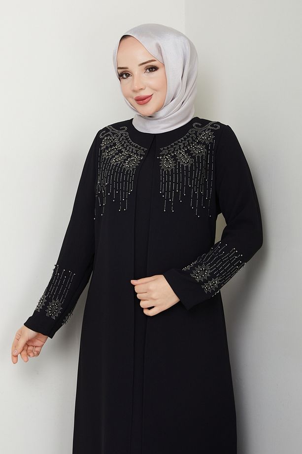 Taş Detay Elbise Ferace 2032OZT1013 Siyah - 3