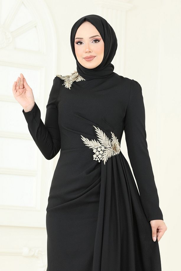 Nakış Detay Abiye Elbise ASM2810 Siyah - 3