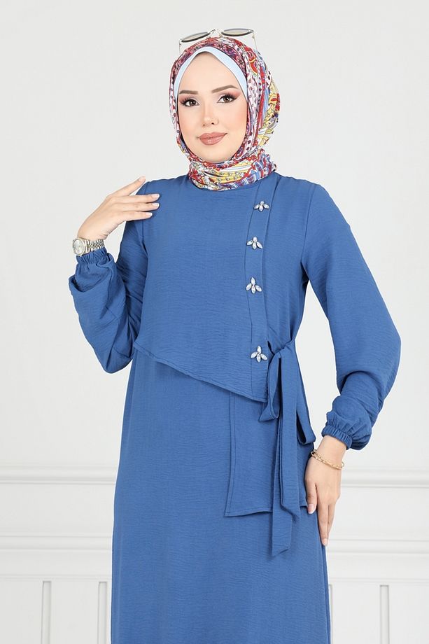 Önü Taşlı Tesettür Elbise 2680SL432 İndigo - 3