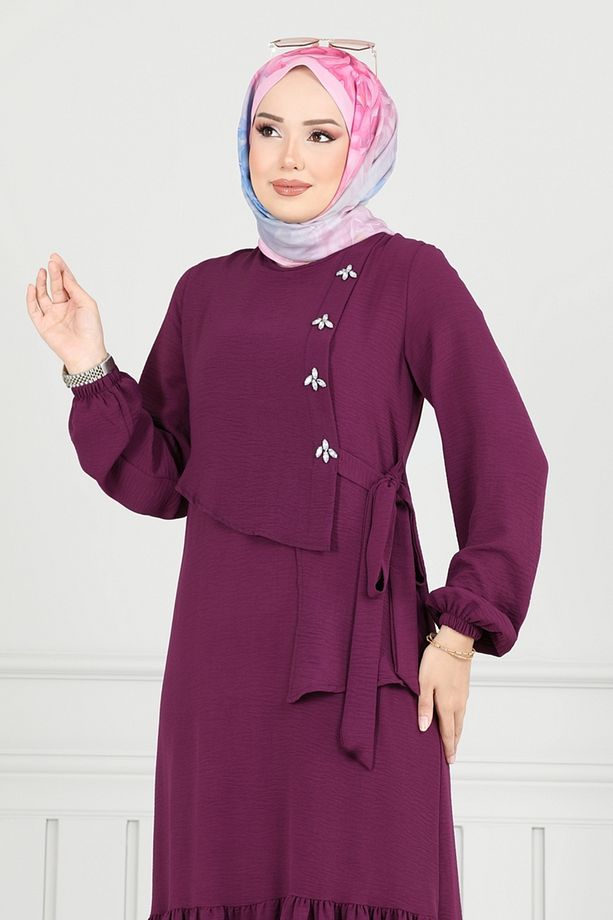 Önü Taşlı Tesettür Elbise 2680SL432 Mor - 4