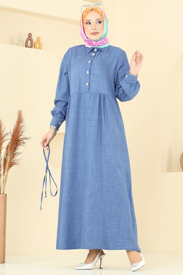Yarım Düğmeli Sofia Elbise 381DVL817 İndigo - 2