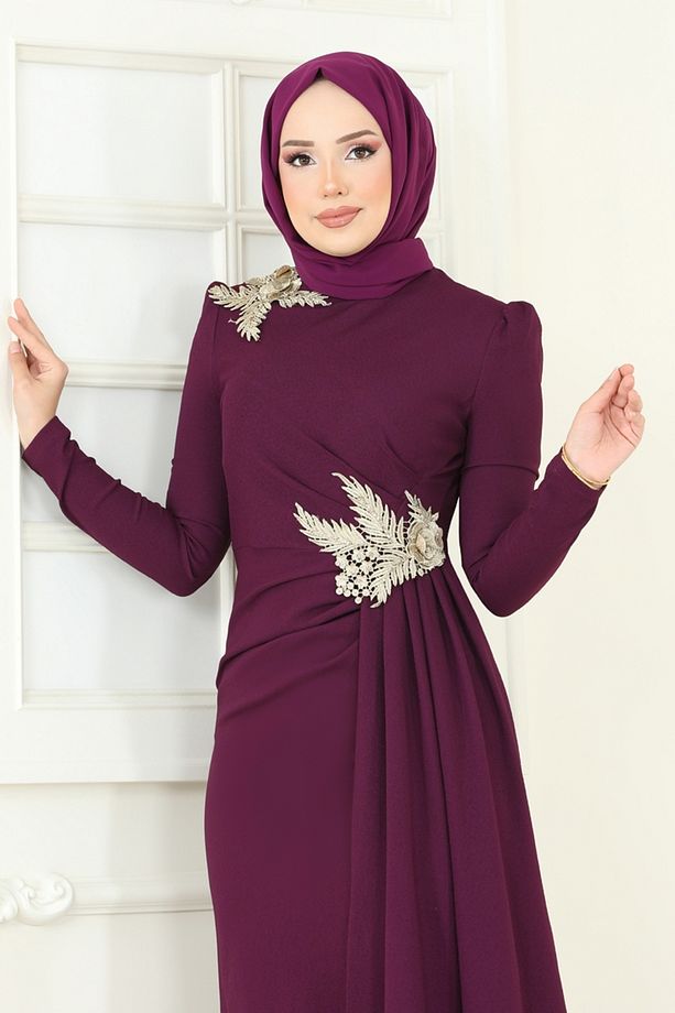 Nakış Detay Abiye Elbise ASM2810 Mürdüm - 4