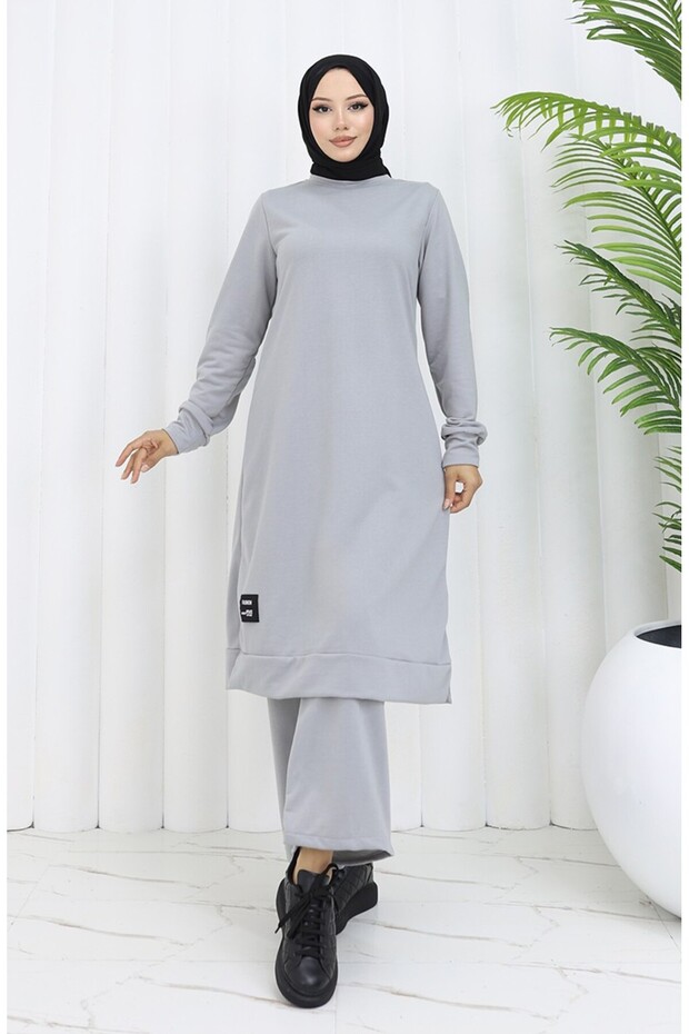 طقم مكون من قطعتين بنطلون تونيك بخيطين 0044-37 رمادي فضي - 2