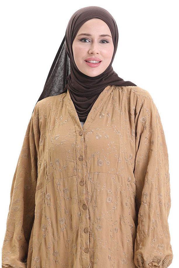 Nakış İşlemeli Yarım Düğmeli Elbise 0059-06 Sütlü Kahve - 4