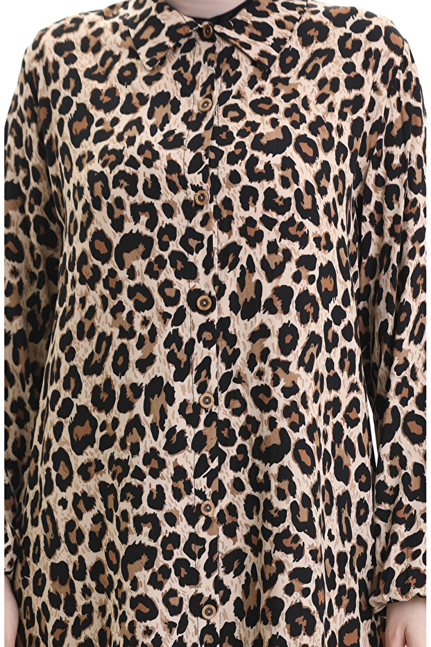 تونيك طويل منقوش بنقشة الفهد 0093-01 بني - 4