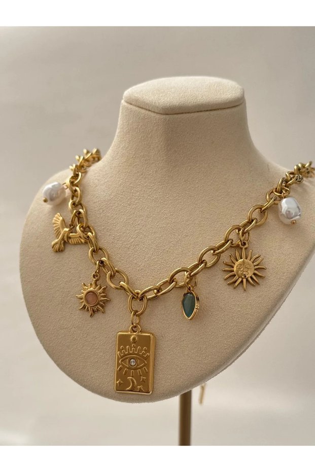 Steel Gold Eye Detailed Charm Necklace