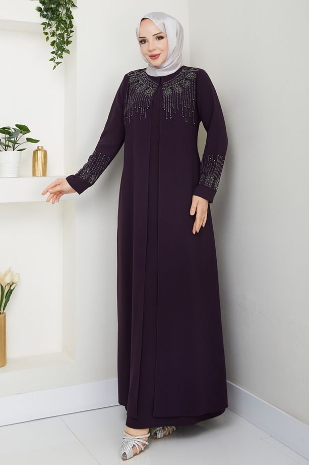 Taş Detay Elbise Ferace 2032OZT1013 Mor - 2