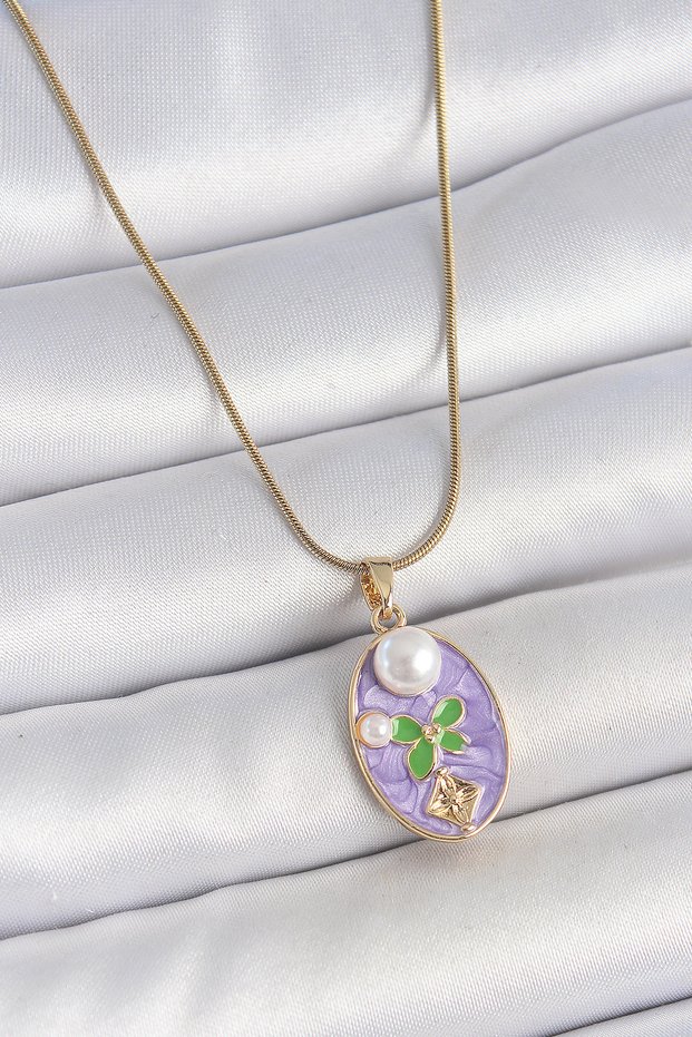 316L Steel Gold Color Chain Purple Enamel Oval Pearl Flower Embroidered Portrait Model Women's Necklace - Tj-Bko1