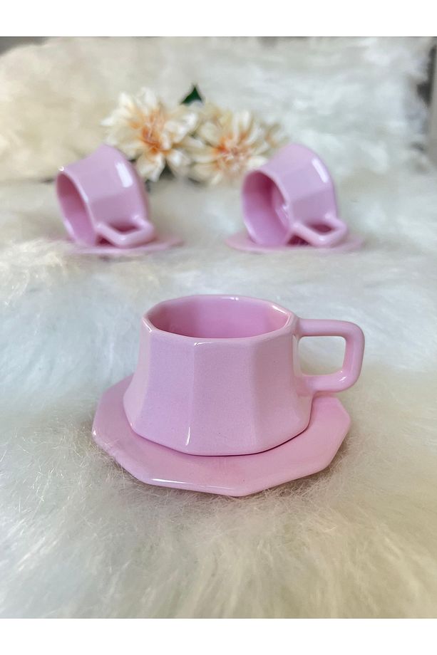 Köşeli Kahve Fincanı 3 Adet - Pembe - 1