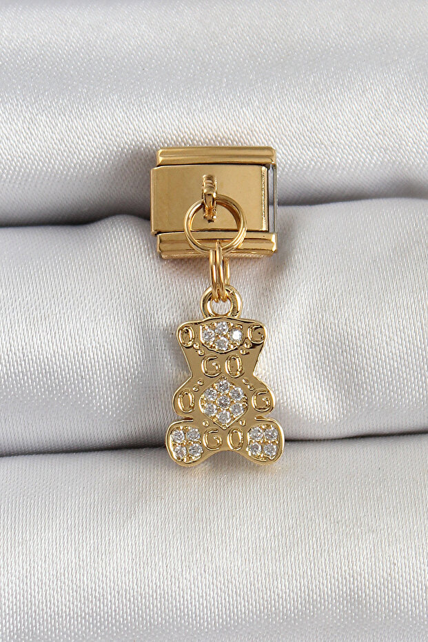 316L Steel Dangle Zircon Stone Teddy Bear Model Gold Color Nomination Charm - Tj-Bc1413