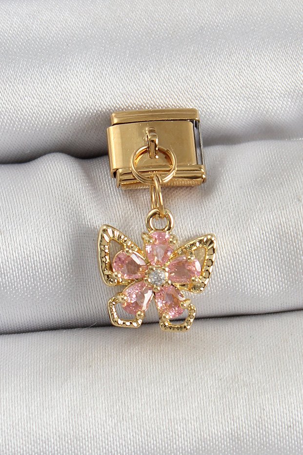 316L Steel Dangle Zircon Stone Flower Figured Butterfly Model Gold Color Nomination Charm - Tj-Bc141