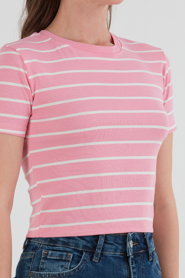 Basic Çizgili Crop Tişört - 5