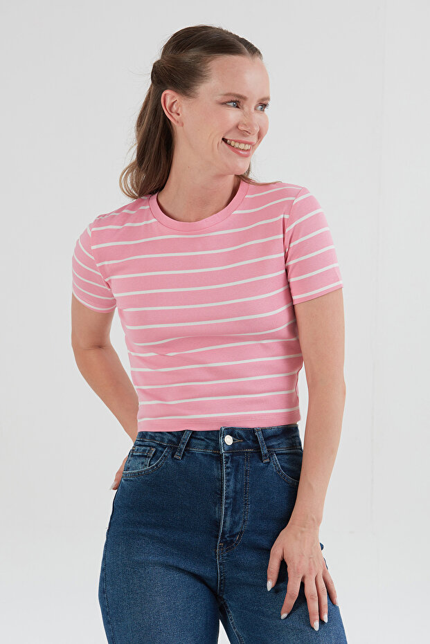 Basic Çizgili Crop Tişört - 1