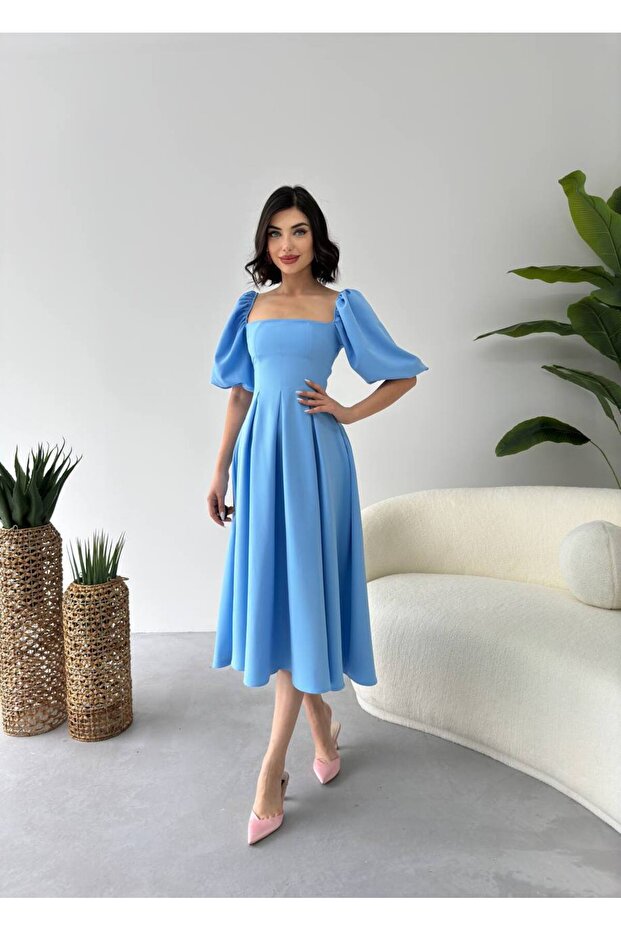 Balloon Sleeve Square Collar Pleated Midi Dress