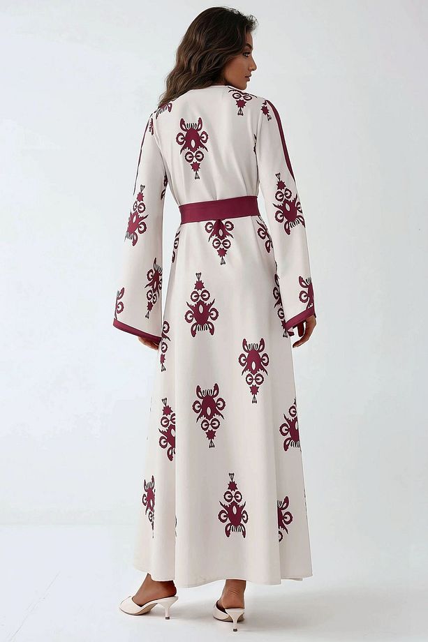 Kruvaze Yaka Desenli Kuşaklı Modest Elbise - 3