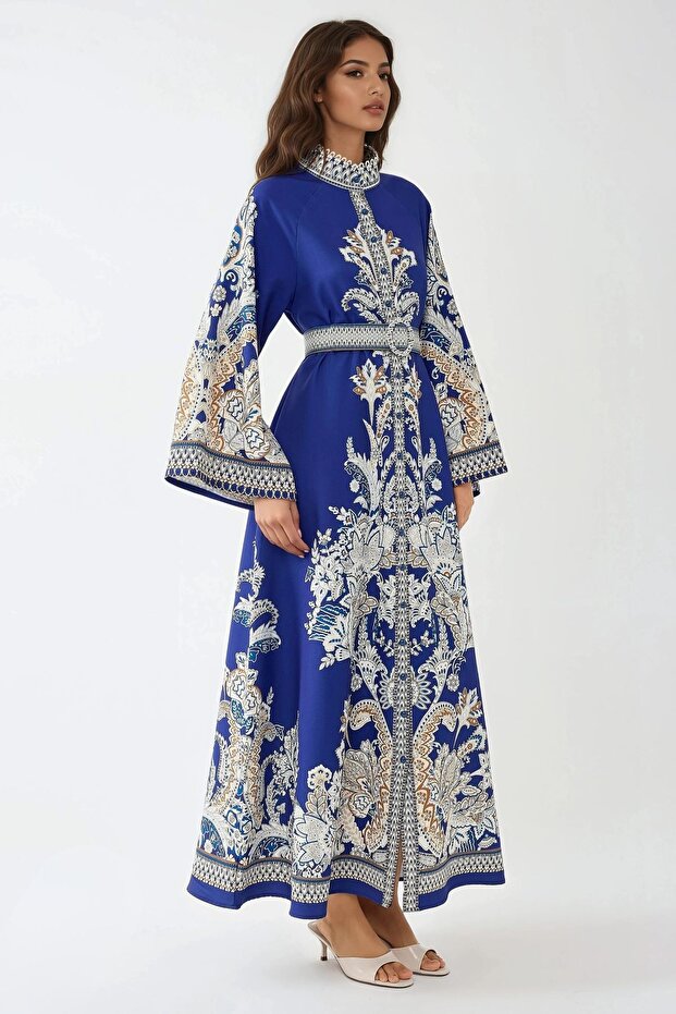 Desenli Kemerli Maxi Elbise - 1