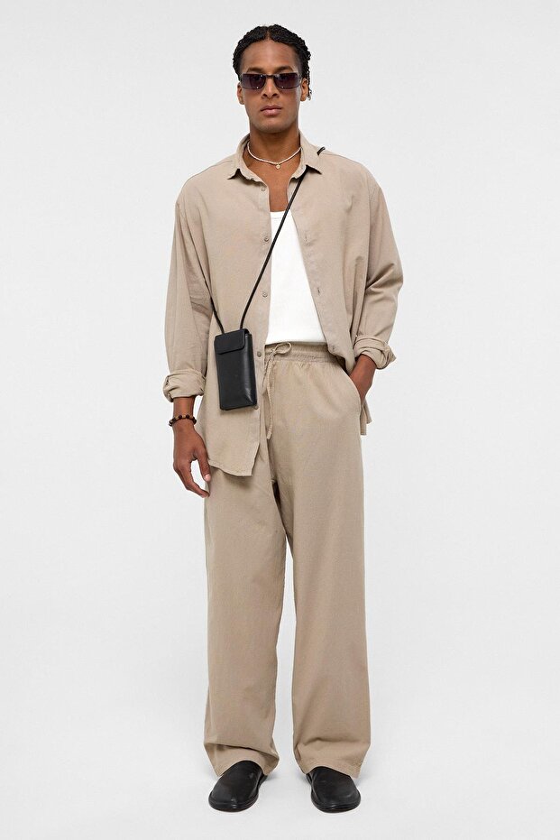 Basic Oversize Keten Takım Bej - 1