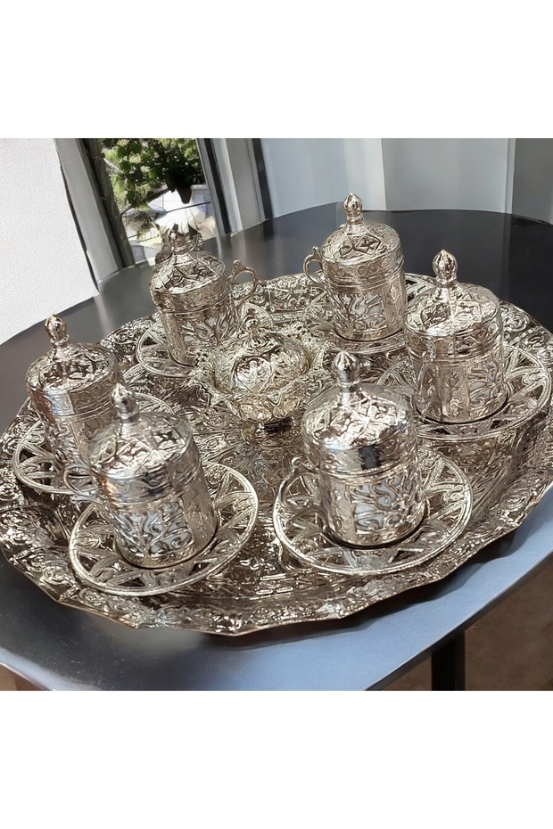 6 Kişilik Fincan Takımı Eskitme - Bakır Osmanlı Desenli Motifli Türk Kahvesi Kahve Fincanı - 6