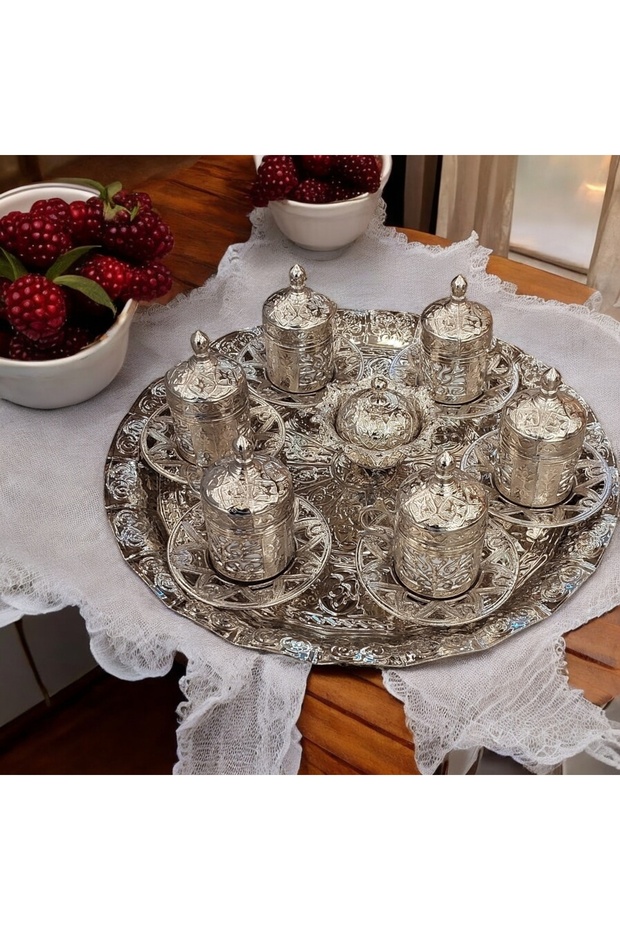 6 Kişilik Fincan Takımı Eskitme - Bakır Osmanlı Desenli Motifli Türk Kahvesi Kahve Fincanı - 2
