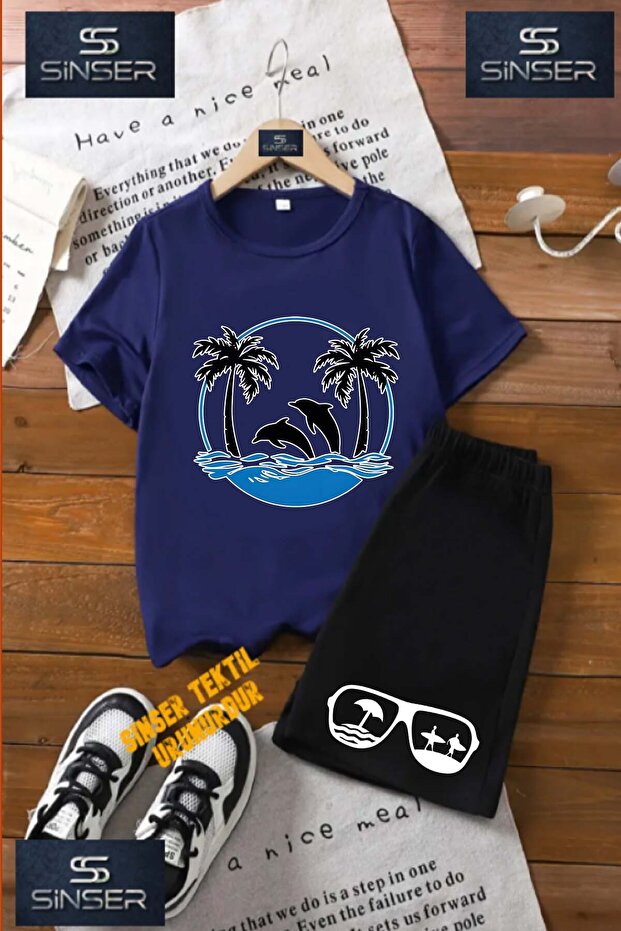 Children's “Palm Blue Dolphins“ Custom Printed Crew Neck T-Shirt - Shorts Set