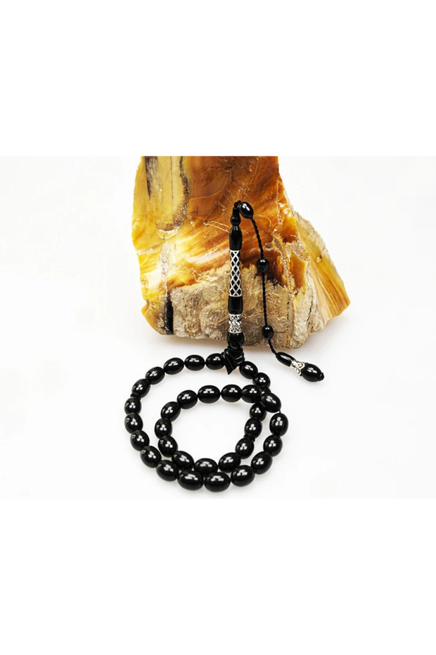 Oltu Stone Square Diamond Patterned Imame Silver Processing Simple Rosary - 2