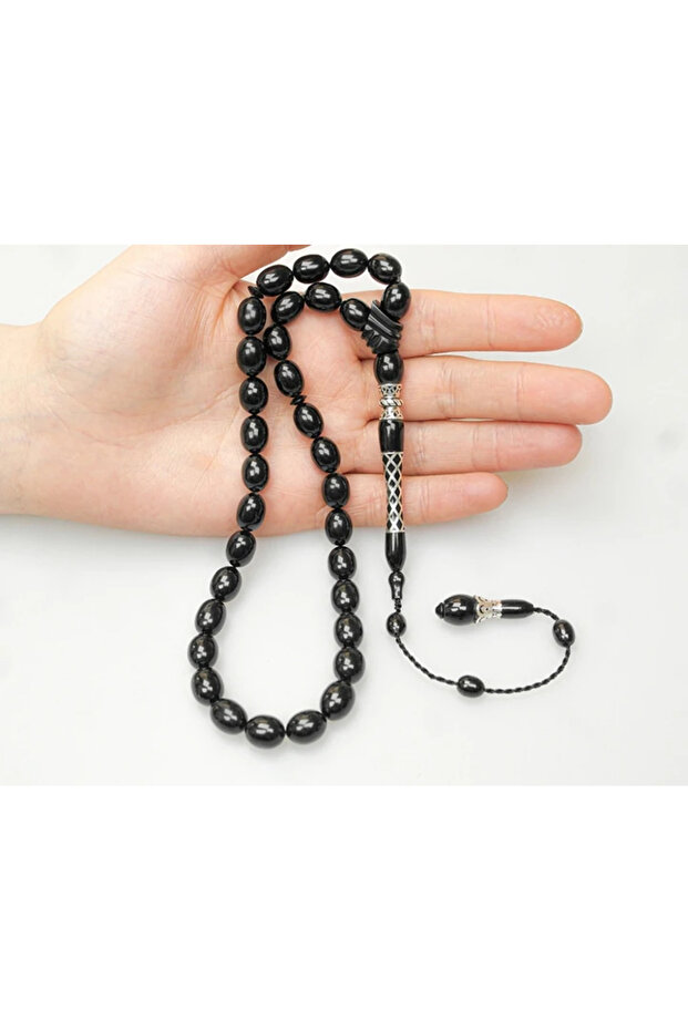 Oltu Stone Square Diamond Patterned Imame Silver Processing Simple Rosary - 4