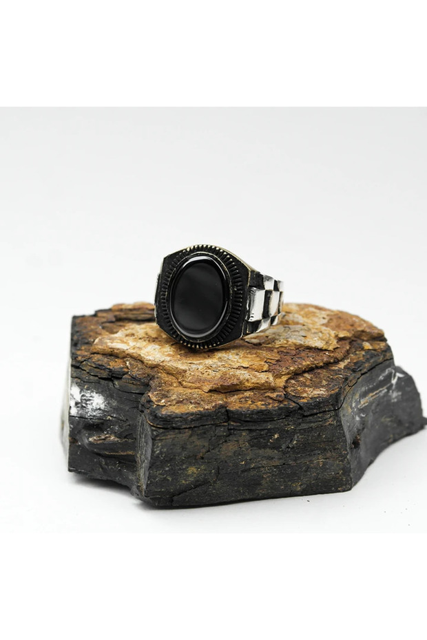 خاتم رجالي من الفضة بنمط الحبل وحجر الأوبسيديان - 3