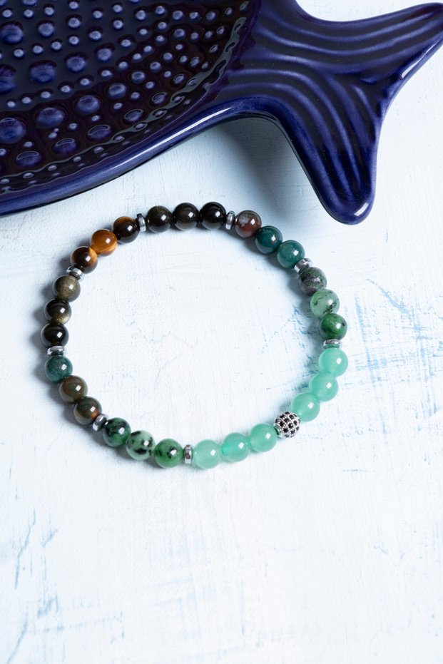 Certified Tiger Eye, Aventurine, Bloodstone, Aniolite and Obsidian Bracelet