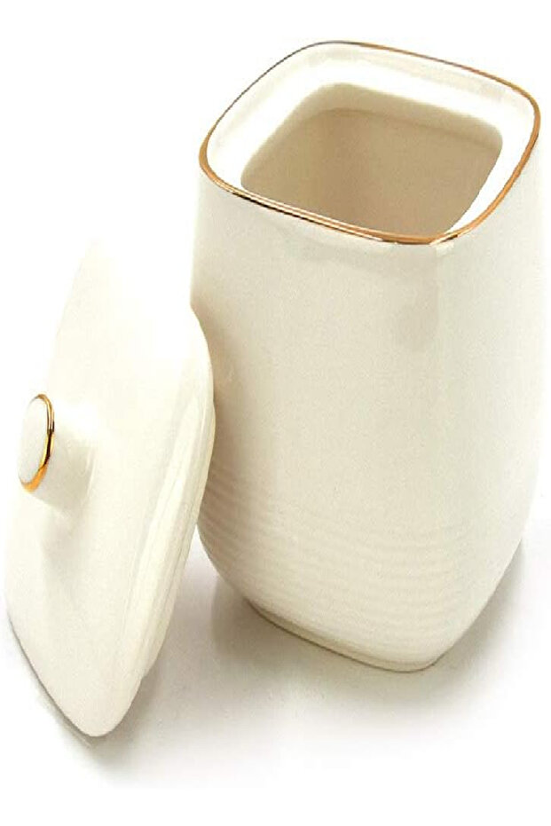 Sugar Bowl with Lid – Gold & White Line Design, Elegant Ceramic Tableware