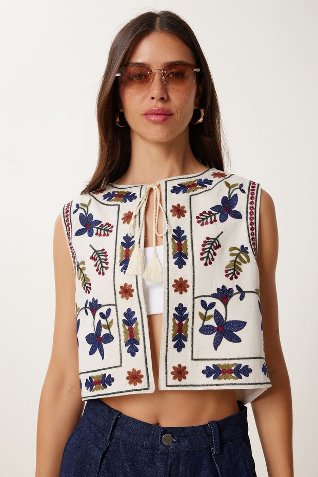 Nakış İşlemeli Keten Yelek TAŞ LDJ0002 - 1