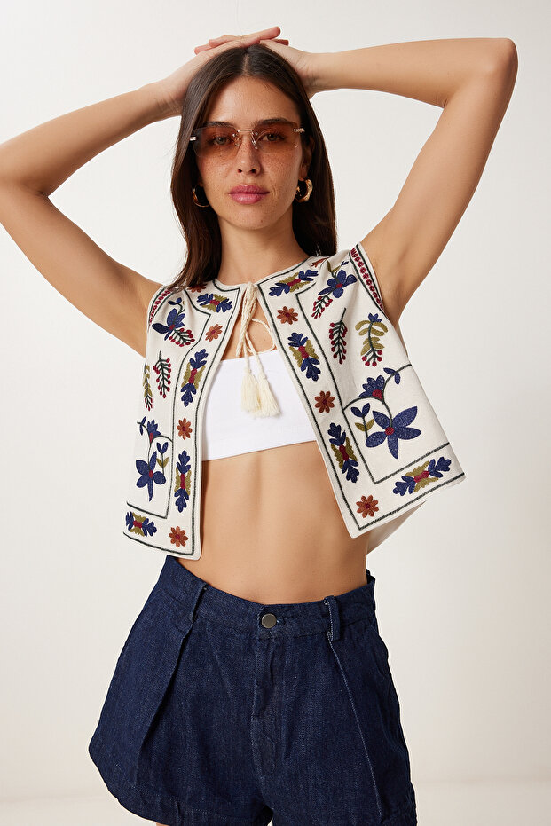 Nakış İşlemeli Keten Yelek TAŞ LDJ0002 - 2