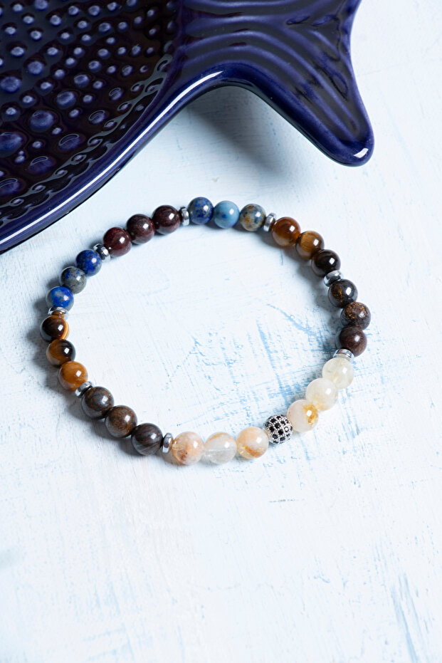 Certified Citrine Hematite Bronze Tiger Eye Lapis Lal Lion Bracelet