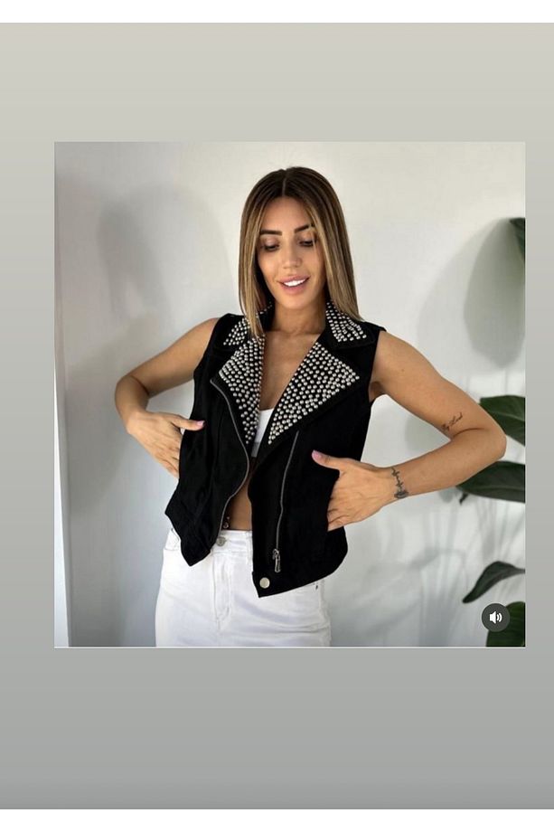 Siyah zımbalı kot yelek - 1