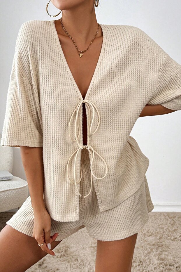 Kadın Bej Kısa Kollu Bağlamalı Waffle Alt-Üst Şort Takım - 4