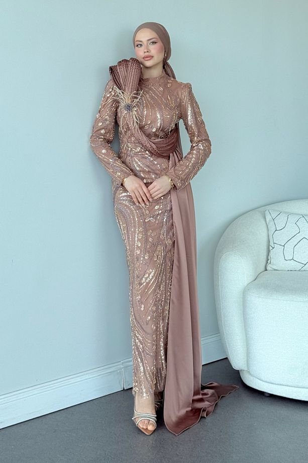 Lale Kristal Drapeli Abiye Camel - 3
