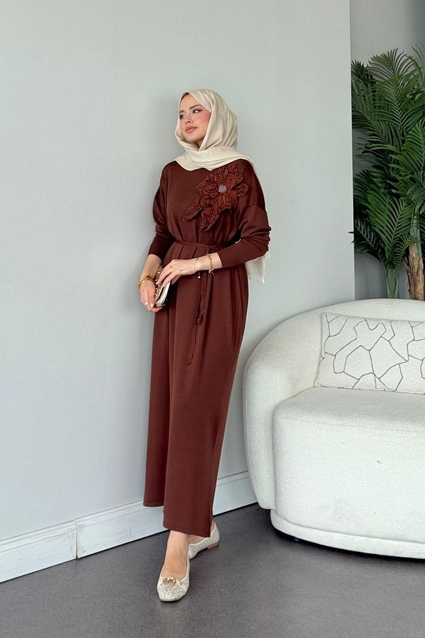 Zambak Merserize Elbise Kahve - 4
