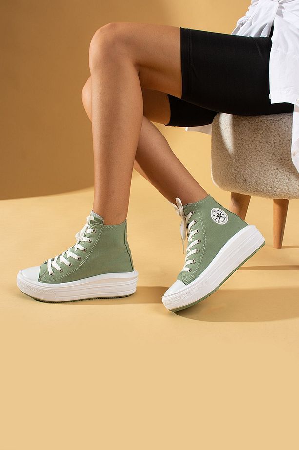 Kadın Yeşil Unisex Yüksek Taban Boğazlı Convers Model Keten Sneaker Bot - 3