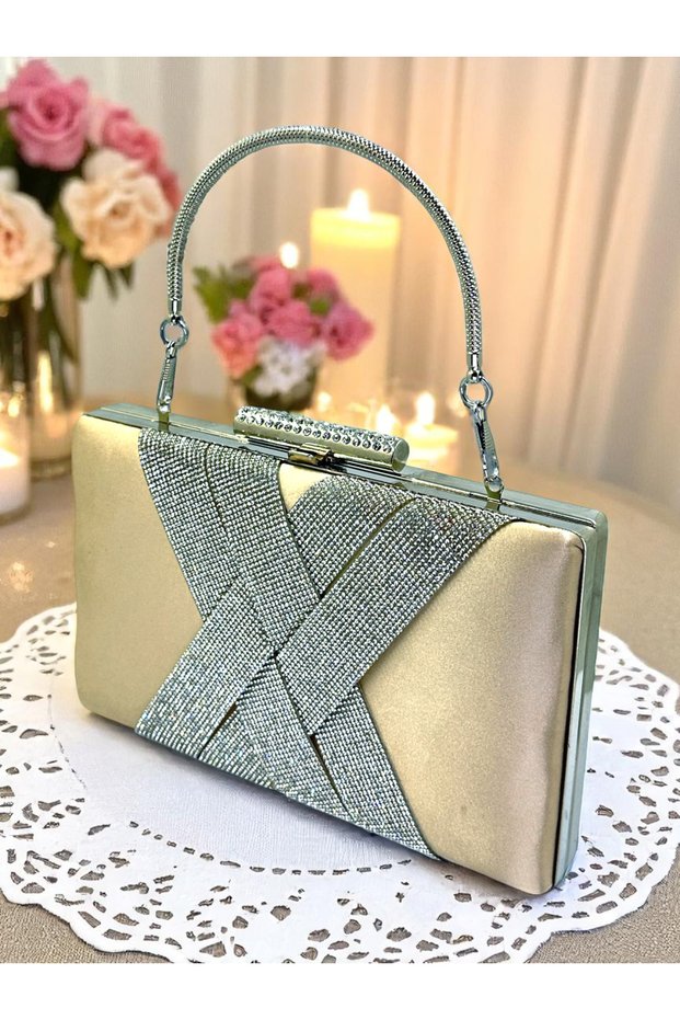 Skin Nude Color Satin Silver Crystal Stone Handmade Special Production Women's Evening Dress Bag