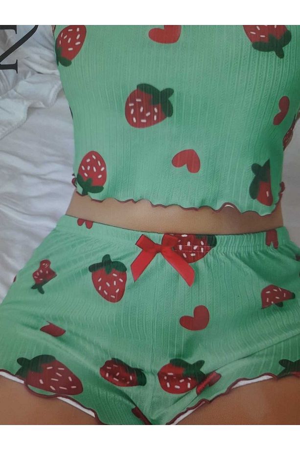 Kalpli Çilekli Yeşil Askılı Şortlu Pijama Takımı - 7