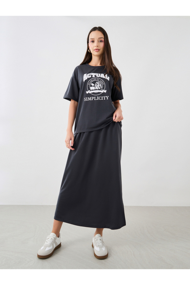 Graphic Print Round Neck T-Shirt and Skirt Co-Ords