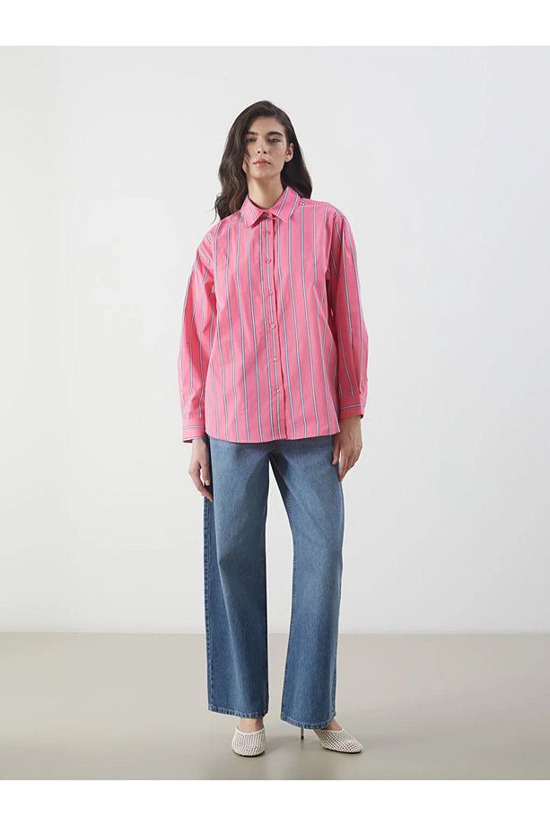 LCW Modest Pembe Çizgili Poplin Kadın Gömlek Tunik - 2