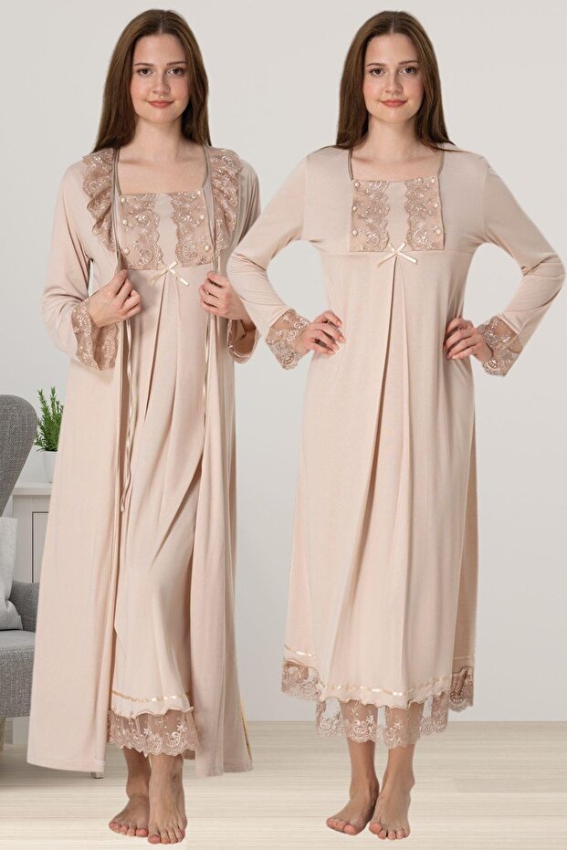 Cherry Color Maternity Nightgown Set with Dressing Gown